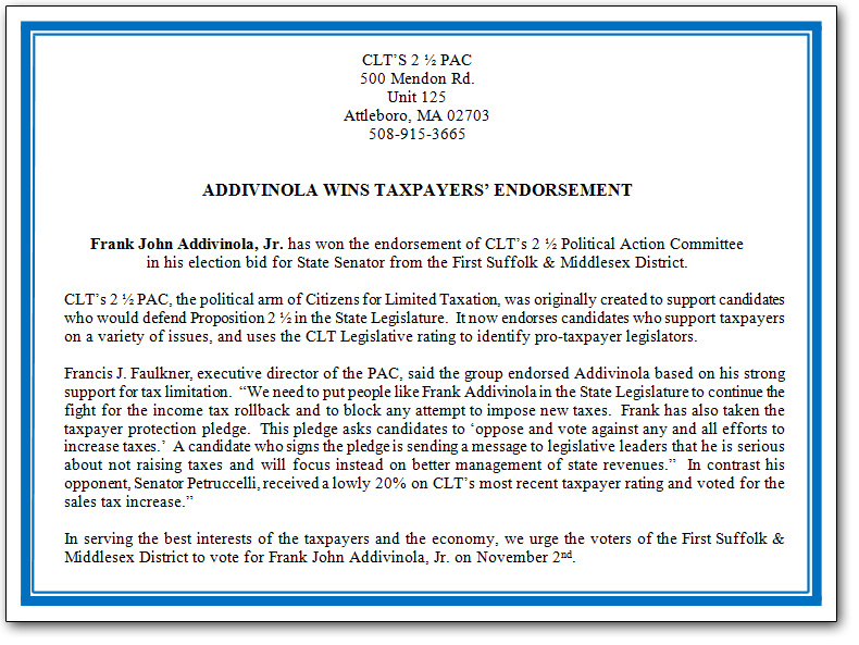 Citizens for Limited Taxation Endorsement