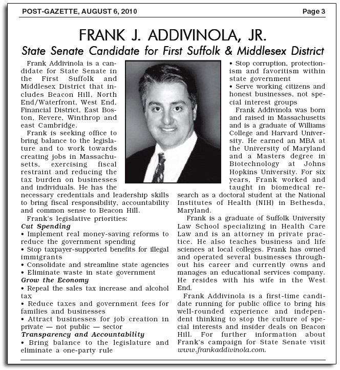 Frank Addivinola for State Senator in North End Boston